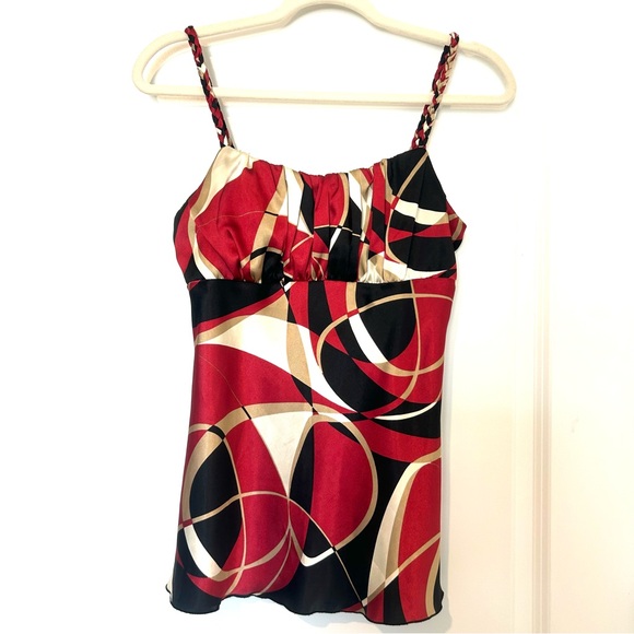 BCX Top Women’s M Babydoll Tank Sleeveless Satin 90’s Y2K Red/Black Cream - Picture 1 of 11